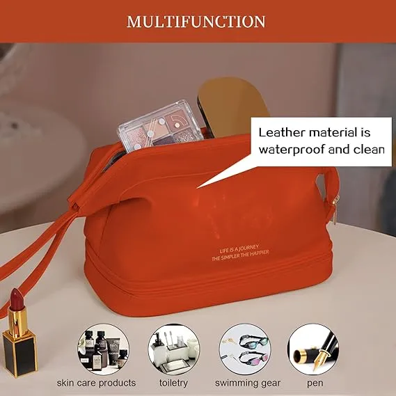 Estuche de viaje cosmético para mujer, bolsa de tocador de cuero vegano suave, personalizada, grande, de doble capa, impermeable y multifuncional