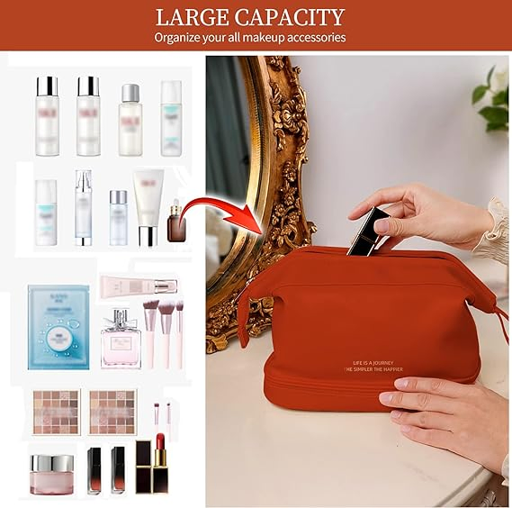 Estuche de viaje cosmético para mujer, bolsa de tocador de cuero vegano suave, personalizada, grande, de doble capa, impermeable y multifuncional