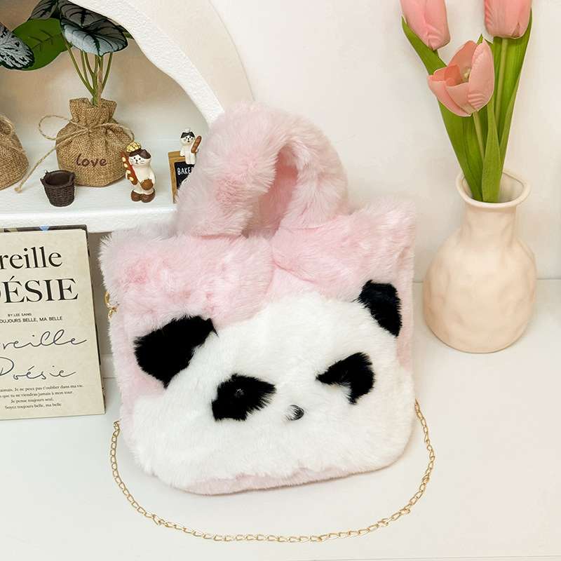 Precio mayorista de bolsas personalizadas para chicas y mujeres, diseño a medida, animales de peluche súper suaves en forma de panda, bolsos de mano esponjosos y lindos para otoño e invierno, fábrica