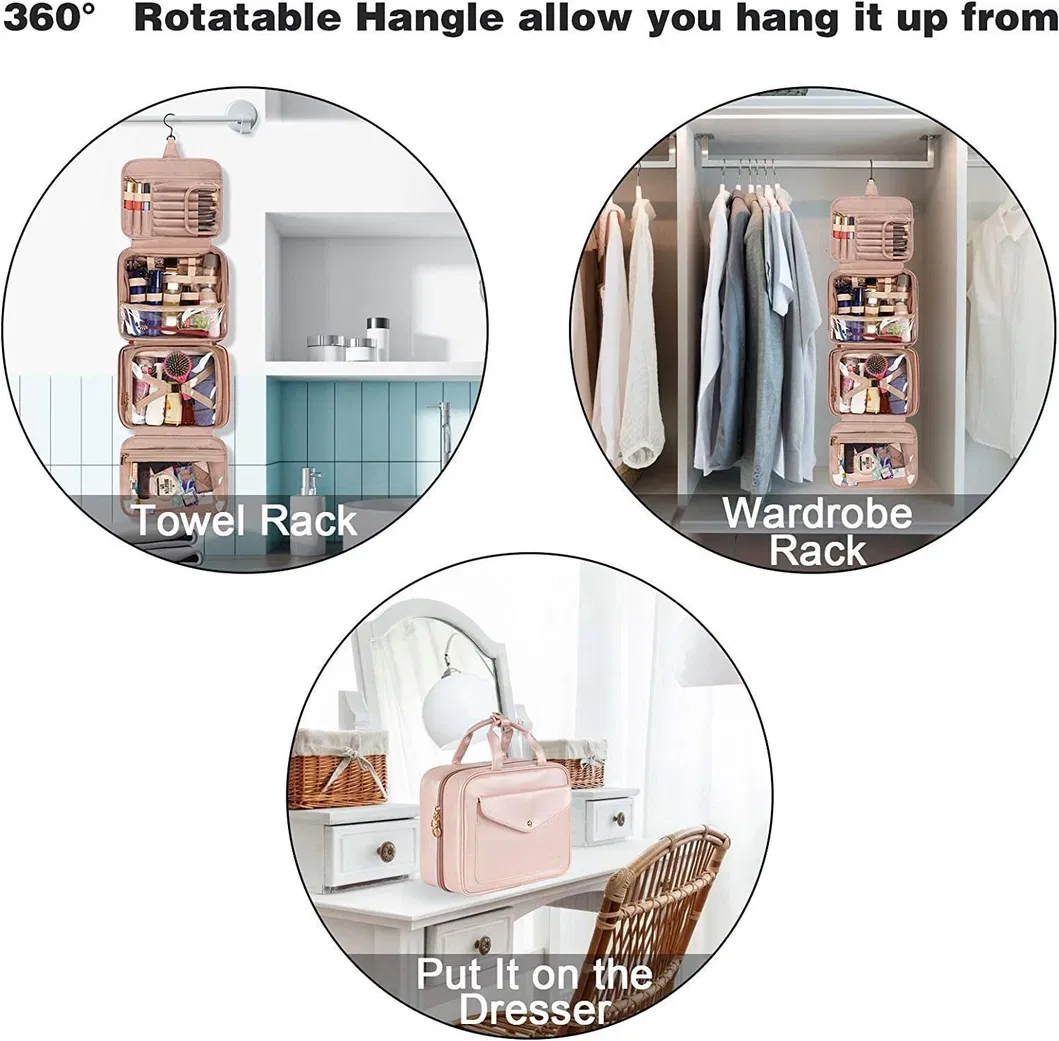 Bolsa de aseo de viaje colgante resistente al agua portátil para mujeres, bolsa cosmética de gran capacidad de cuero PU, bolsa de maquillaje personalizada