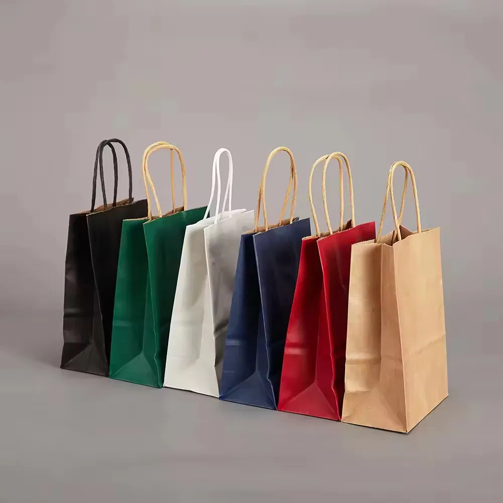 Mango de bolsa de papel personalizado con tu propio logo, venta al por mayor de bolsa de papel kraft