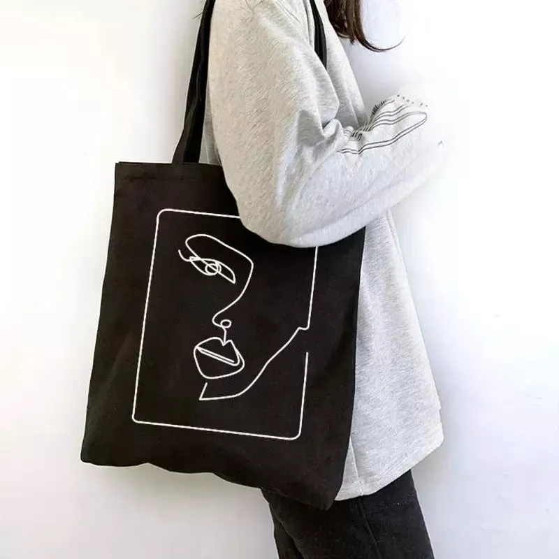 Bolsa de tela de lona negra reutilizable personalizada y económica para compras al por mayor