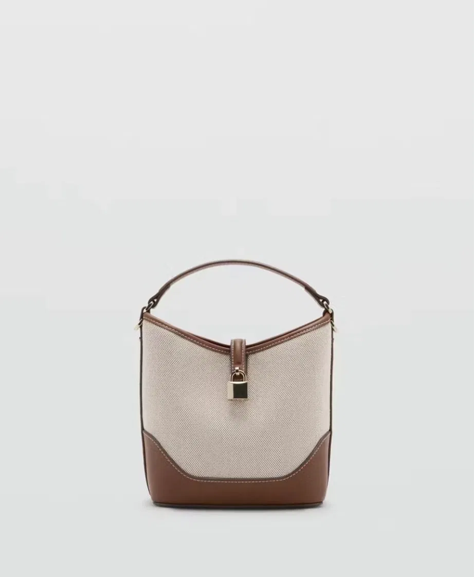 Mujer Diseñadora de Hombro Mensajero Pecho Diseño Bicolor Tote Moda Lona y Cuero PU Bolso Cubo Bandolera con Detalle de Candado en Tono Dorado
