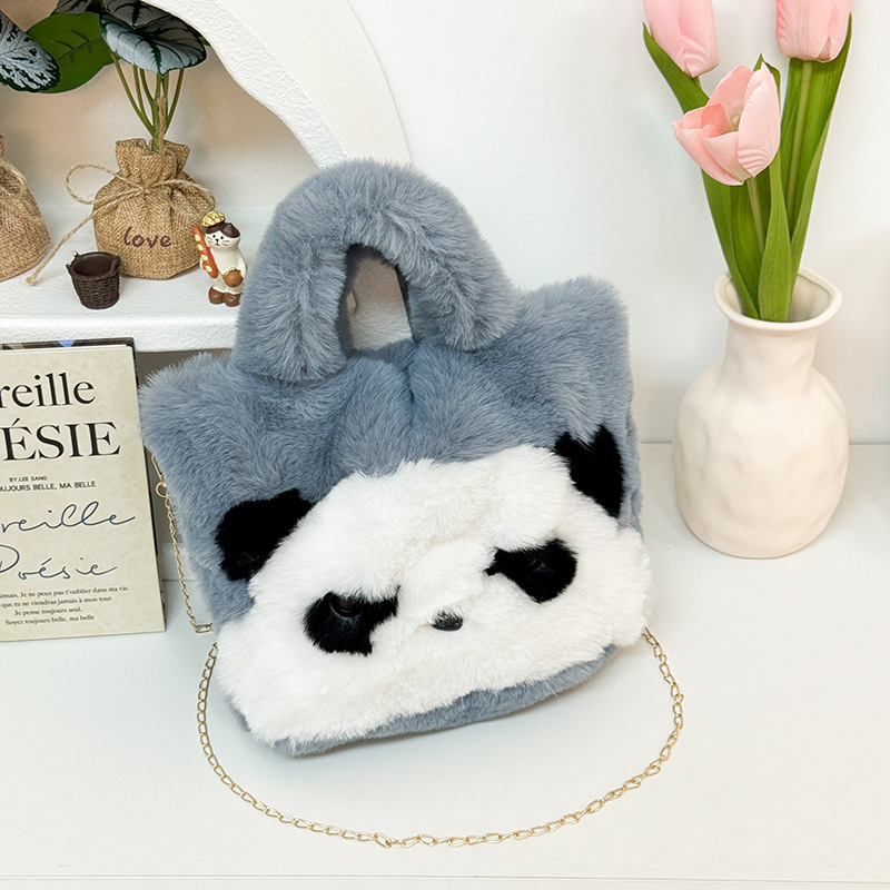 Precio mayorista de bolsas personalizadas para chicas y mujeres, diseño a medida, animales de peluche súper suaves en forma de panda, bolsos de mano esponjosos y lindos para otoño e invierno, fábrica