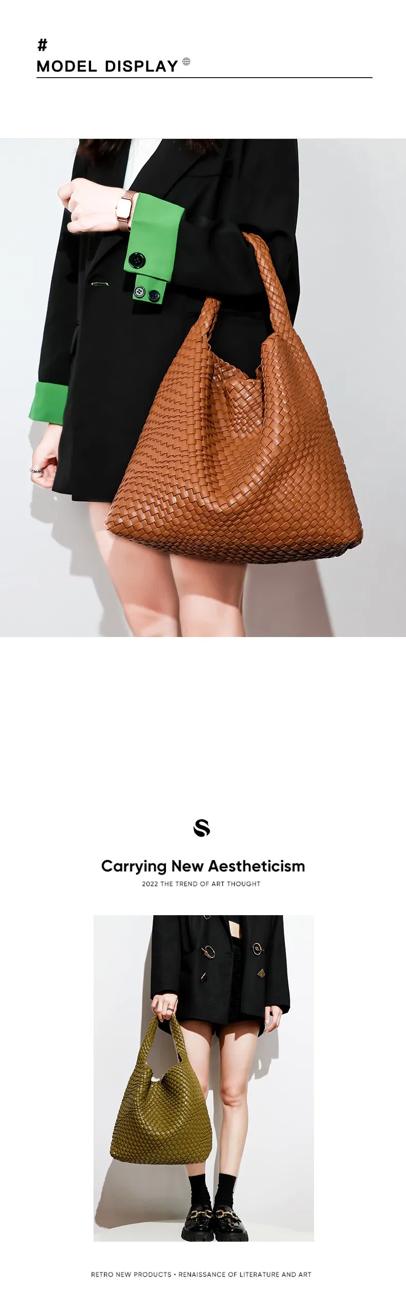 Variedad de colores y detalles de bolsa tejida de cuero PU