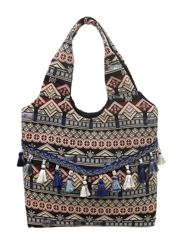 Nuevo estilo étnico bolso de gran capacidad con cierre abierto forro de poliéster correa de hombro personalizada con borlas bolso bohemio para mujeres