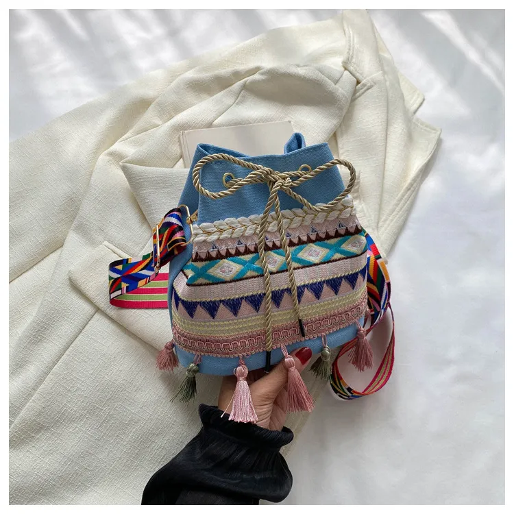 Bolso de mensajero de estilo étnico con bordado retro y borlas, bolso de tela de estilo nacional, bolso de hombro de lona