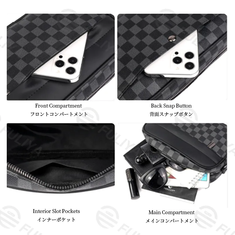 Bolsa cruzada de lujo para hombres, pequeña y cuadrada, de cuero PU con diseño de cuadros negros, ideal para uso casual y de negocios