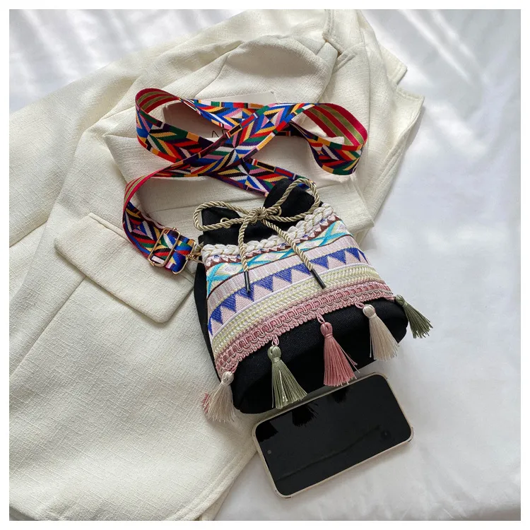 Bolso de mensajero de estilo étnico con bordado retro y borlas, bolso de tela de estilo nacional, bolso de hombro de lona