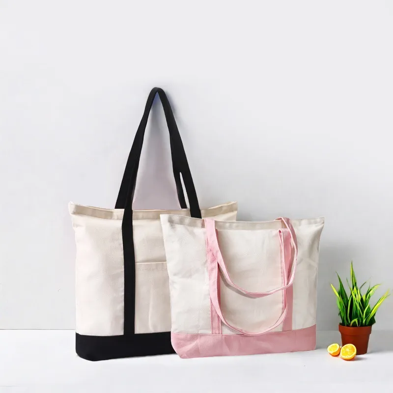 Bolsa de mano de algodón canvas reutilizable de alta calidad y gran capacidad, ecológica, con cremallera y múltiples bolsillos, para mujeres, ideal para la escuela y las compras