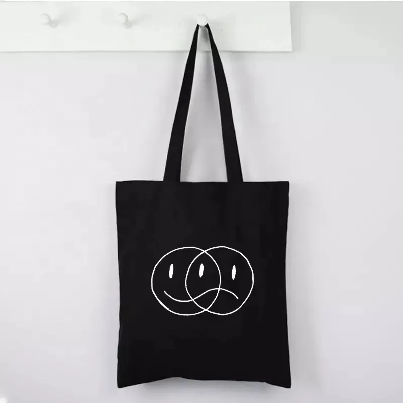 Bolsa de tela de lona negra reutilizable personalizada y económica para compras al por mayor