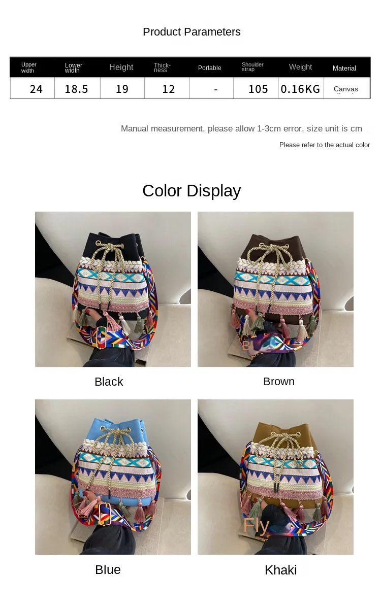 Bolso de mensajero de estilo étnico con bordado retro y borlas, bolso de tela de estilo nacional, bolso de hombro de lona