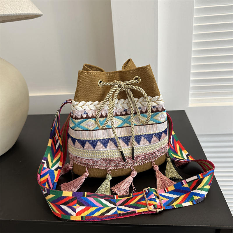 Bolso de mensajero de estilo étnico con bordado retro y borlas, bolso de tela de estilo nacional, bolso de hombro de lona