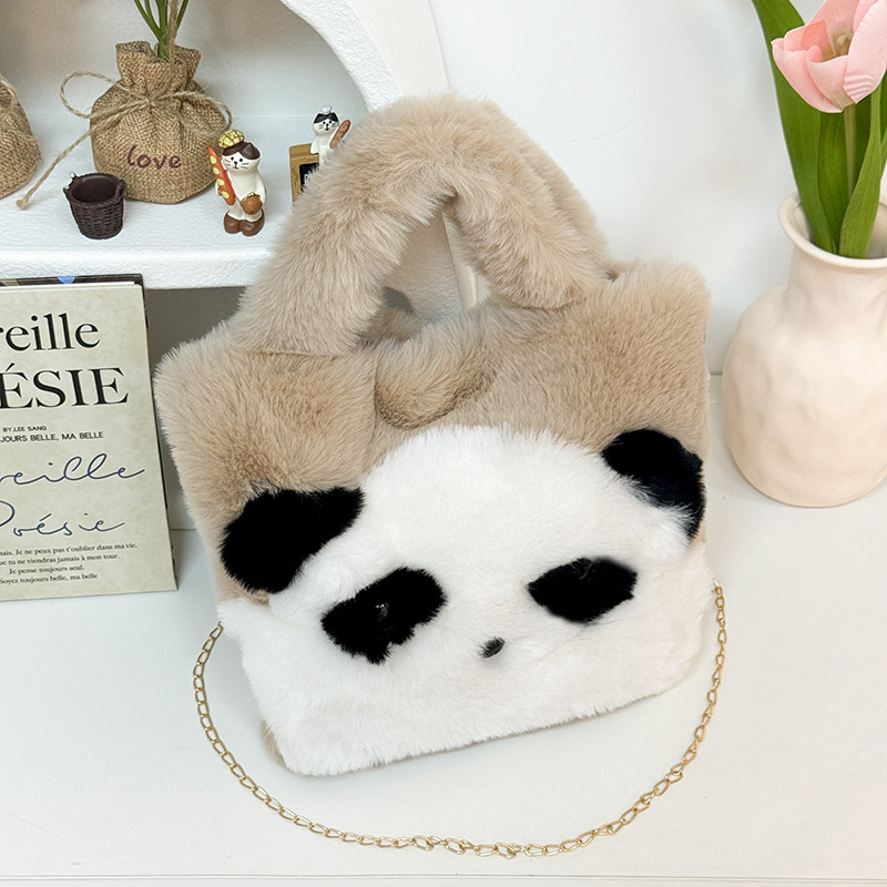 Precio mayorista de bolsas personalizadas para chicas y mujeres, diseño a medida, animales de peluche súper suaves en forma de panda, bolsos de mano esponjosos y lindos para otoño e invierno, fábrica