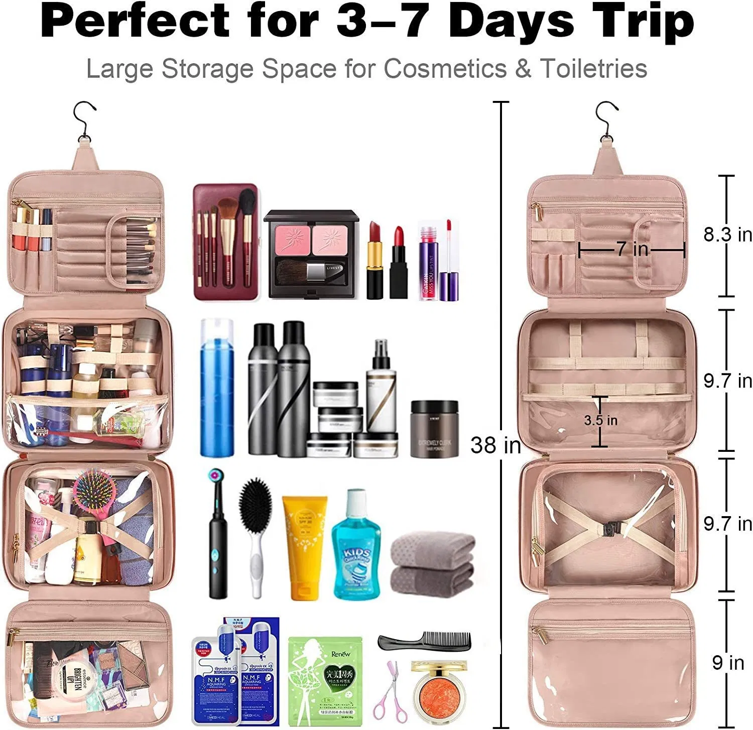 Bolsa de aseo de viaje colgante resistente al agua portátil para mujeres, bolsa cosmética de gran capacidad de cuero PU, bolsa de maquillaje personalizada