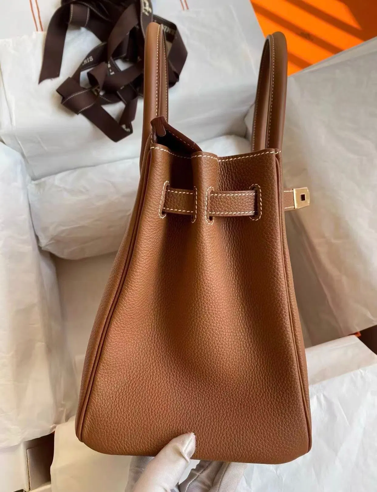 Bolso de mano de platino en cuero Togo para damas, bolso de lujo