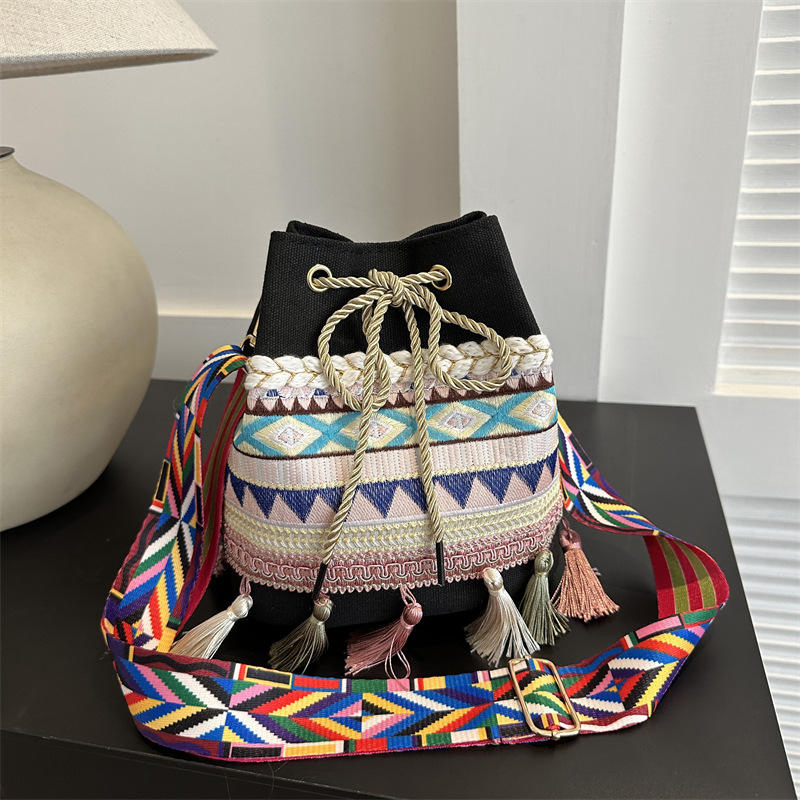 Bolso de mensajero de estilo étnico con bordado retro y borlas, bolso de tela de estilo nacional, bolso de hombro de lona