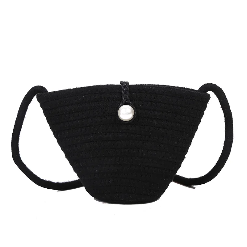 Bolso trenzado simple de perlas, bolso de paja tipo cubo