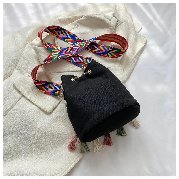 Bolso de mensajero de estilo étnico con bordado retro y borlas, bolso de tela de estilo nacional, bolso de hombro de lona