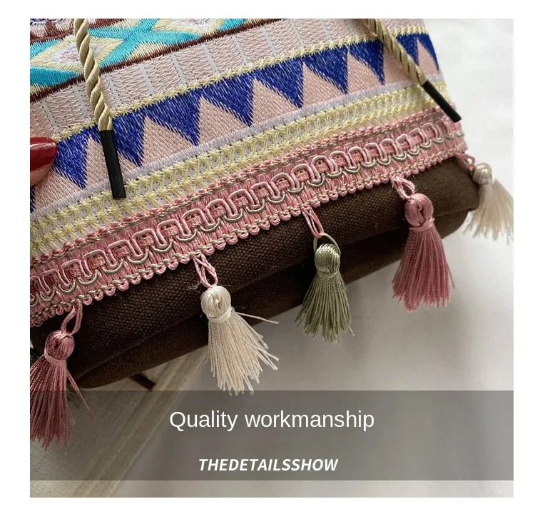 Bolso de mensajero de estilo étnico con bordado retro y borlas, bolso de tela de estilo nacional, bolso de hombro de lona