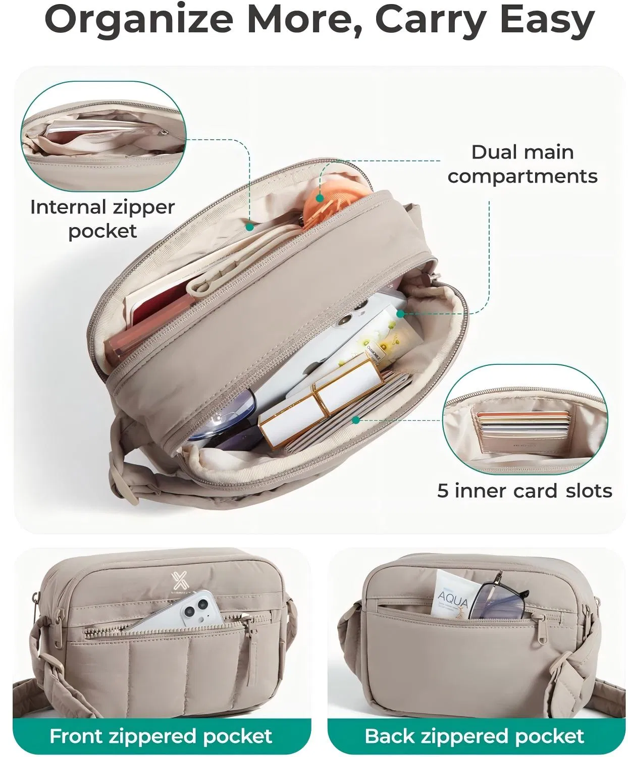 Bolso cruzado, mini bolsos cruzados para mujeres, bolso de viaje, bolso de hombro acolchado