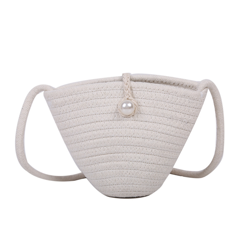 Bolso trenzado simple de perlas, bolso de paja tipo cubo