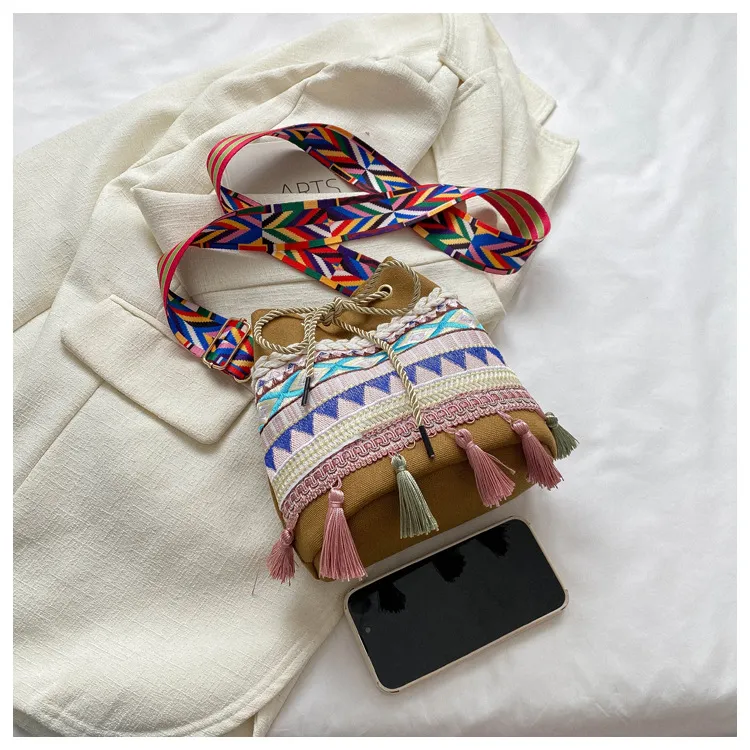 Bolso de mensajero de estilo étnico con bordado retro y borlas, bolso de tela de estilo nacional, bolso de hombro de lona