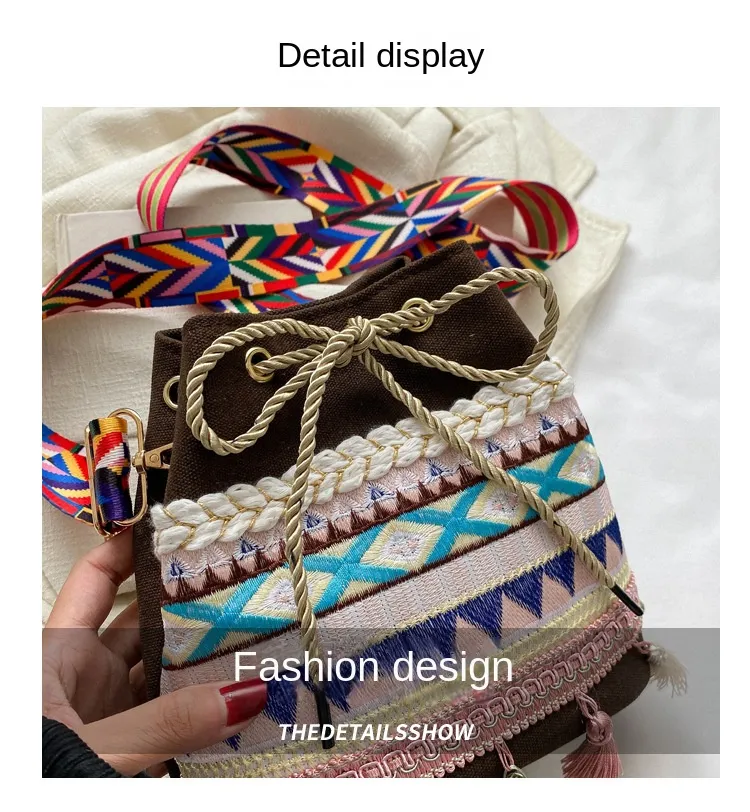 Bolso de mensajero de estilo étnico con bordado retro y borlas, bolso de tela de estilo nacional, bolso de hombro de lona