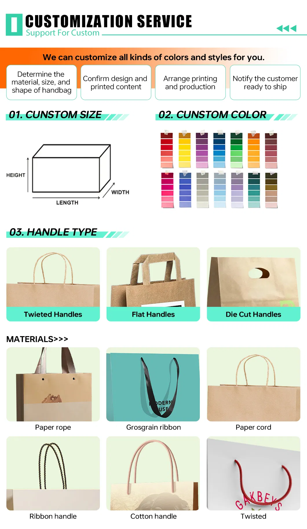 Mango de bolsa de papel personalizado con tu propio logo, venta al por mayor de bolsa de papel kraft