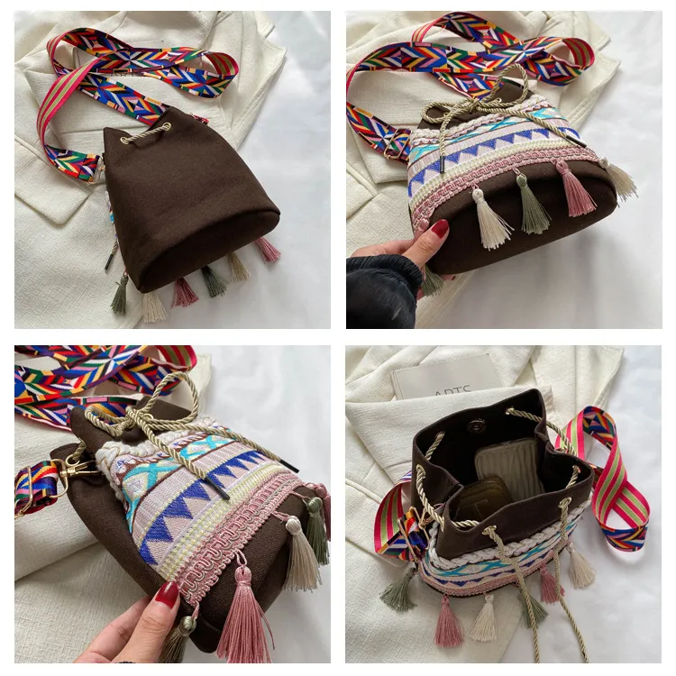 Bolso de mensajero de estilo étnico con bordado retro y borlas, bolso de tela de estilo nacional, bolso de hombro de lona