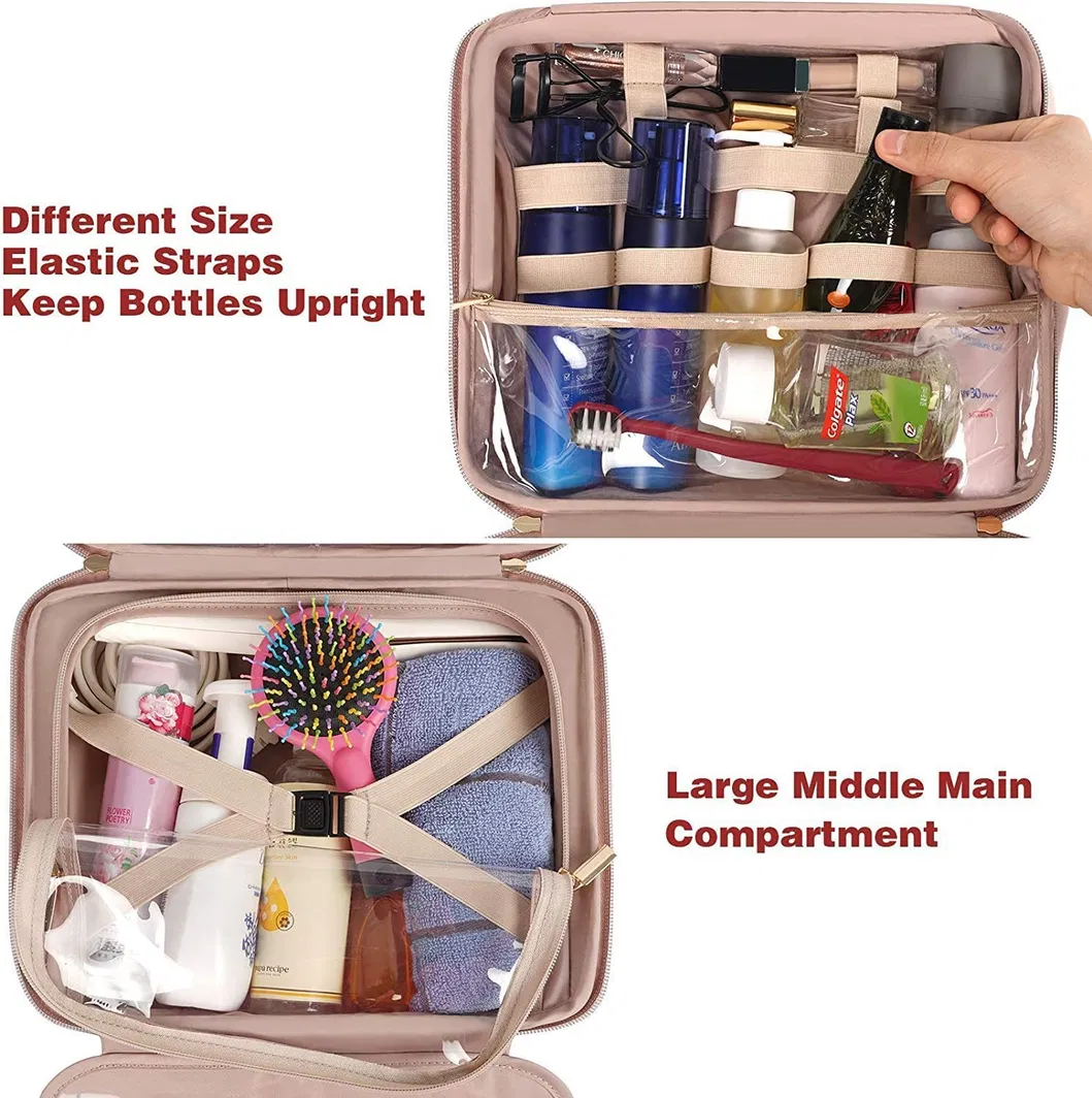 Bolsa de aseo de viaje colgante resistente al agua portátil para mujeres, bolsa cosmética de gran capacidad de cuero PU, bolsa de maquillaje personalizada