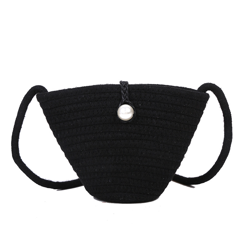 Bolso trenzado simple de perlas, bolso de paja tipo cubo