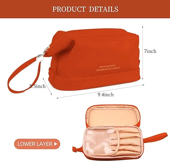 Estuche de viaje cosmético para mujer, bolsa de tocador de cuero vegano suave, personalizada, grande, de doble capa, impermeable y multifuncional
