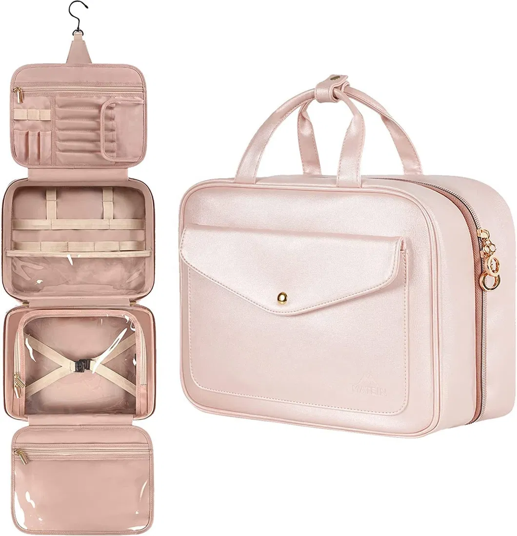 Bolsa de aseo de viaje colgante resistente al agua portátil para mujeres, bolsa cosmética de gran capacidad de cuero PU, bolsa de maquillaje personalizada