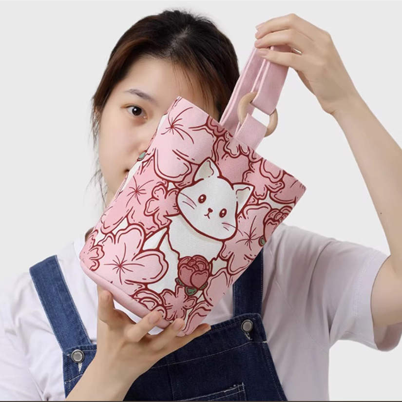 Bolsa de Tote Portátil Bolsa de Lona Tipo Cubo Bolsa Bonita Tipo Cubo Bolsa de Mano para Bento