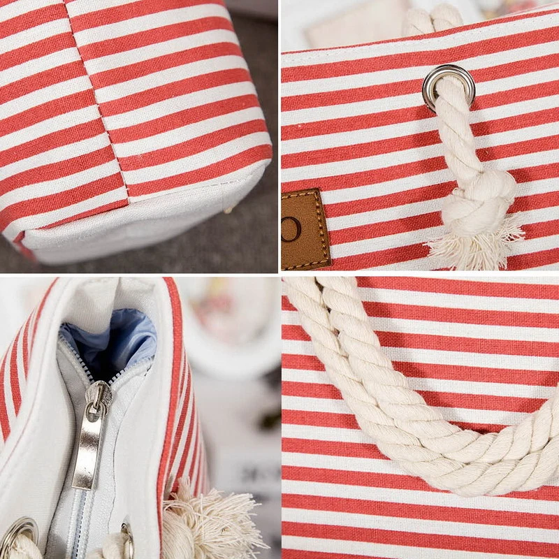 Distribuidor de fabricación en China al por mayor de moda para mujeres, bolso de supermercado personalizado, bolsa de playa de mano plegable con asas de cuerda de lona para viajes y compras