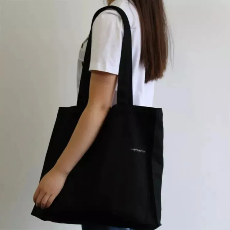 Bolsa de tela de lona negra reutilizable personalizada y económica para compras al por mayor