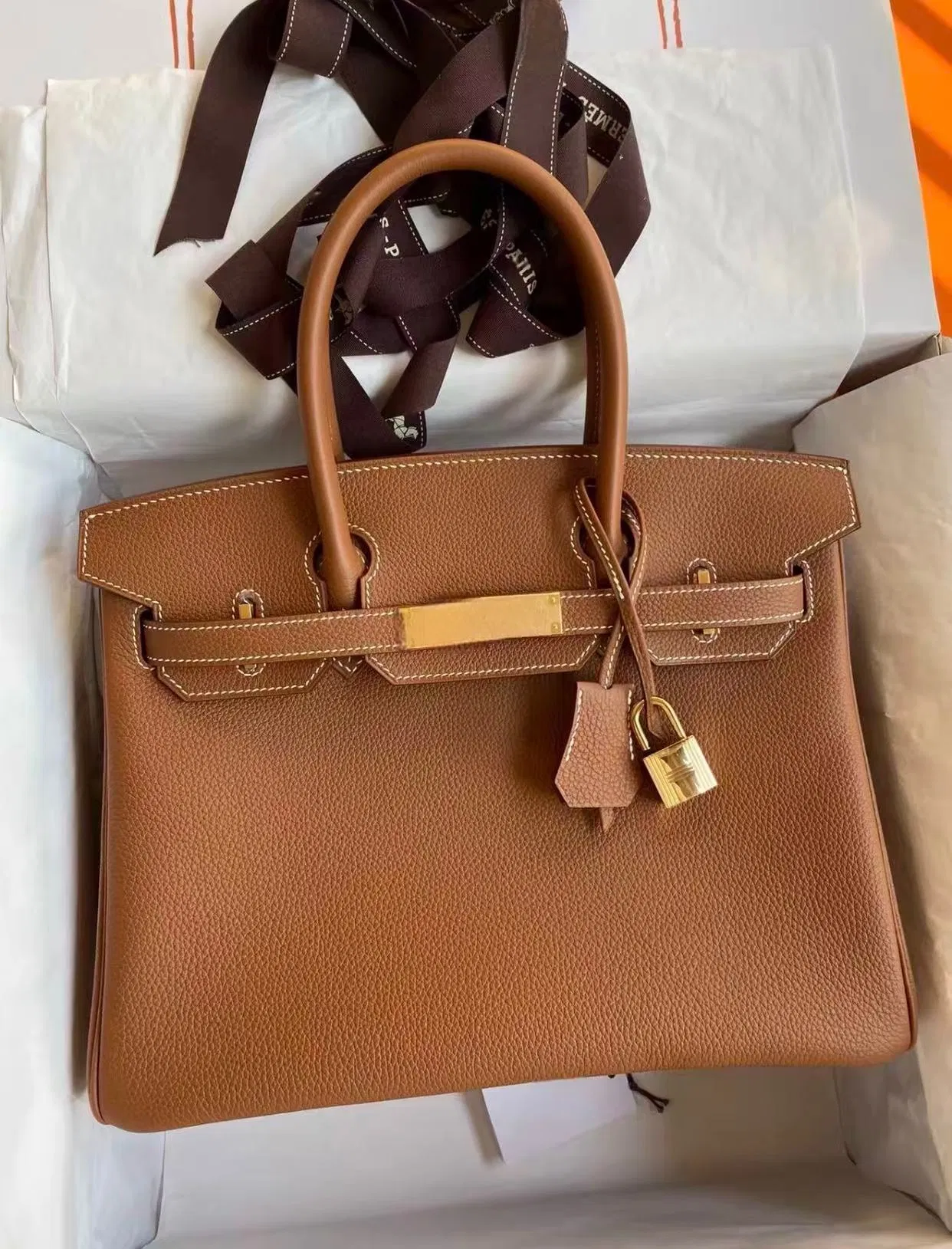 Bolso de mano de platino en cuero Togo para damas, bolso de lujo