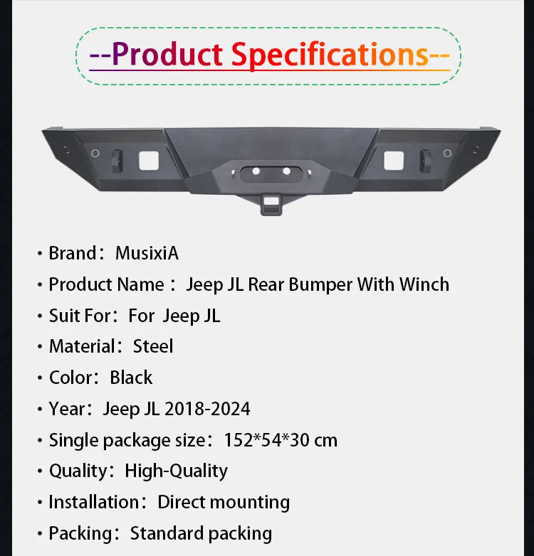 peças de veículo off-road para para-choque traseiro com suporte para guincho para Jeep Wrangler JL