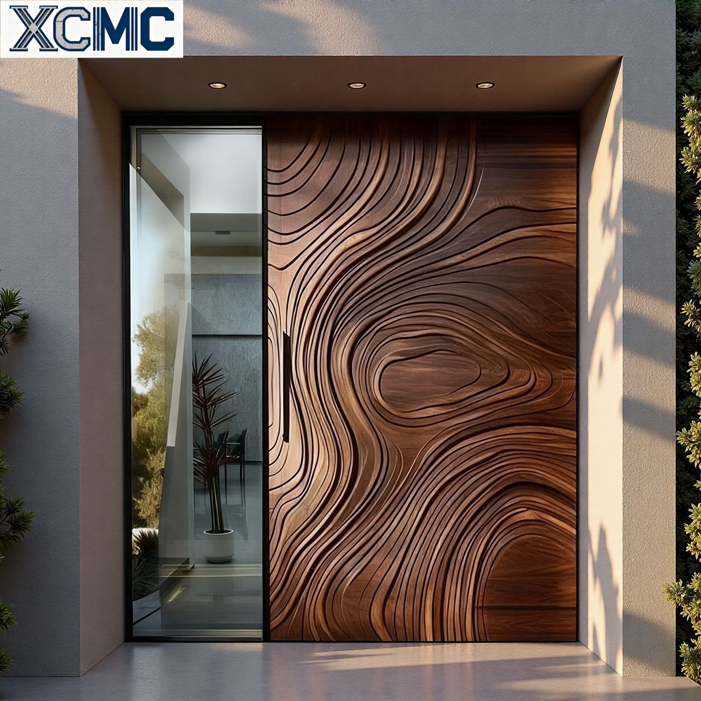 XCMC Modern Villa Hotel Exterior Front Door Aluminum Alloy Wood Glass Construction Pivot Security Design Water Resistant 5-Year
