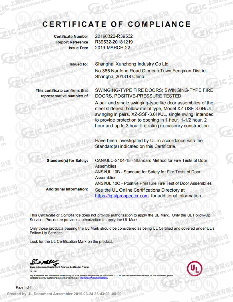 UL Certified Fire Door structure