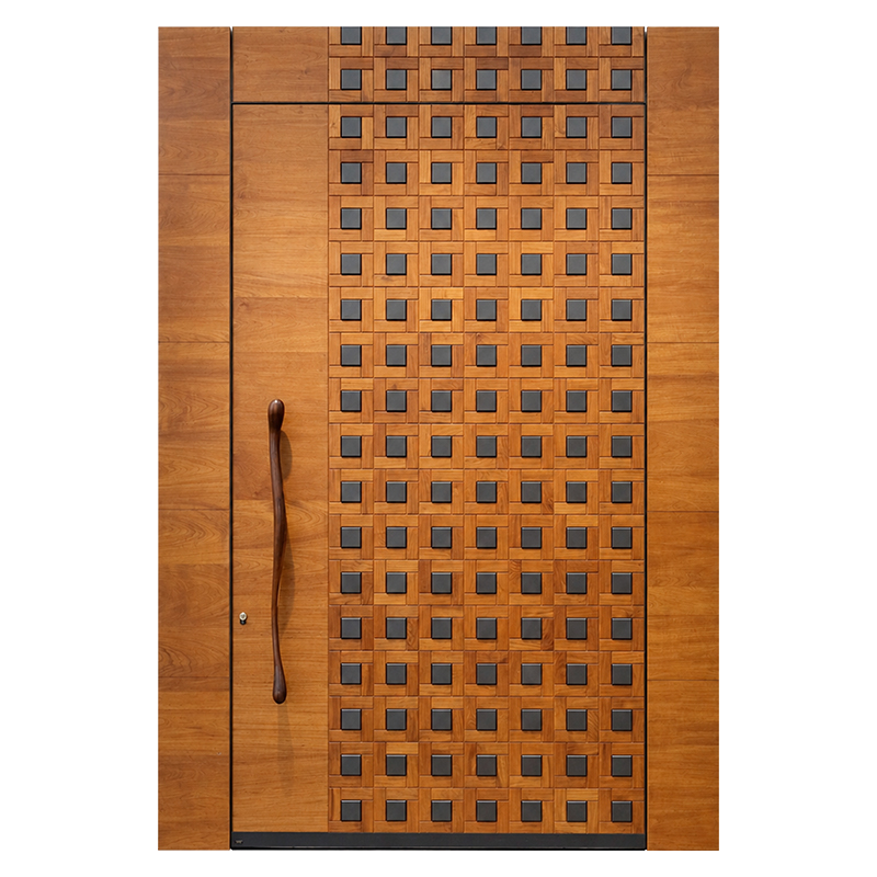 Dezoton Luxury Teak Wood Armored Entry Door with Red Copper and Antique Brass Design for Villa