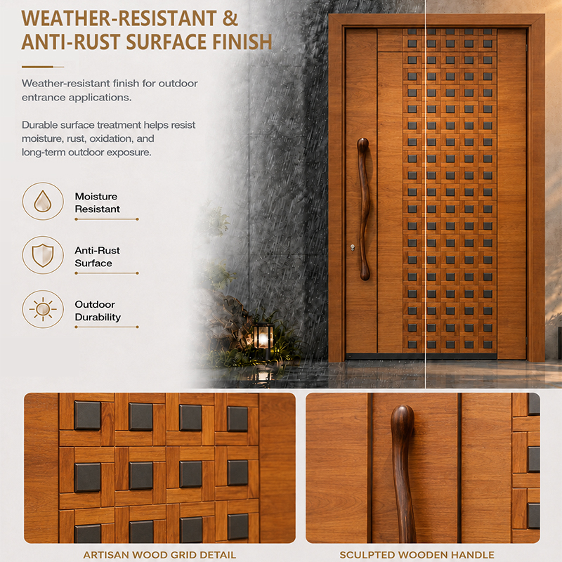 Dezoton Luxury Teak Wood Armored Entry Door with Red Copper and Antique Brass Design for Villa