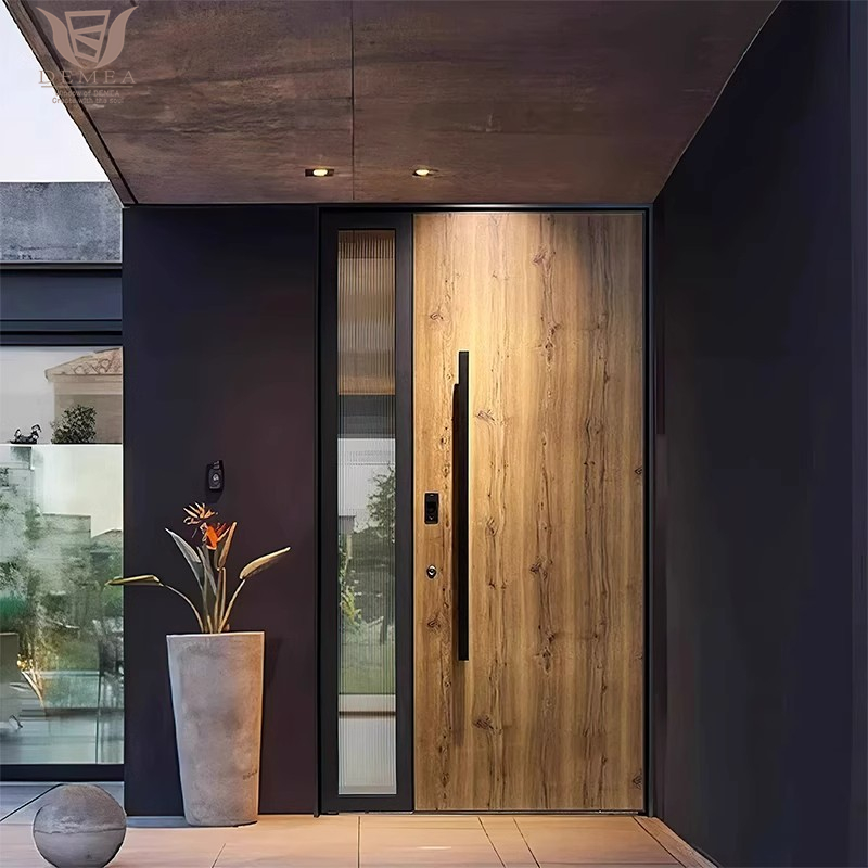 DEMEA China Manufacturer Custom Exterior Door Heavy Duty Antitheft Villa Main Entrance Wood Look Finish Cast Aluminum Pivot Door