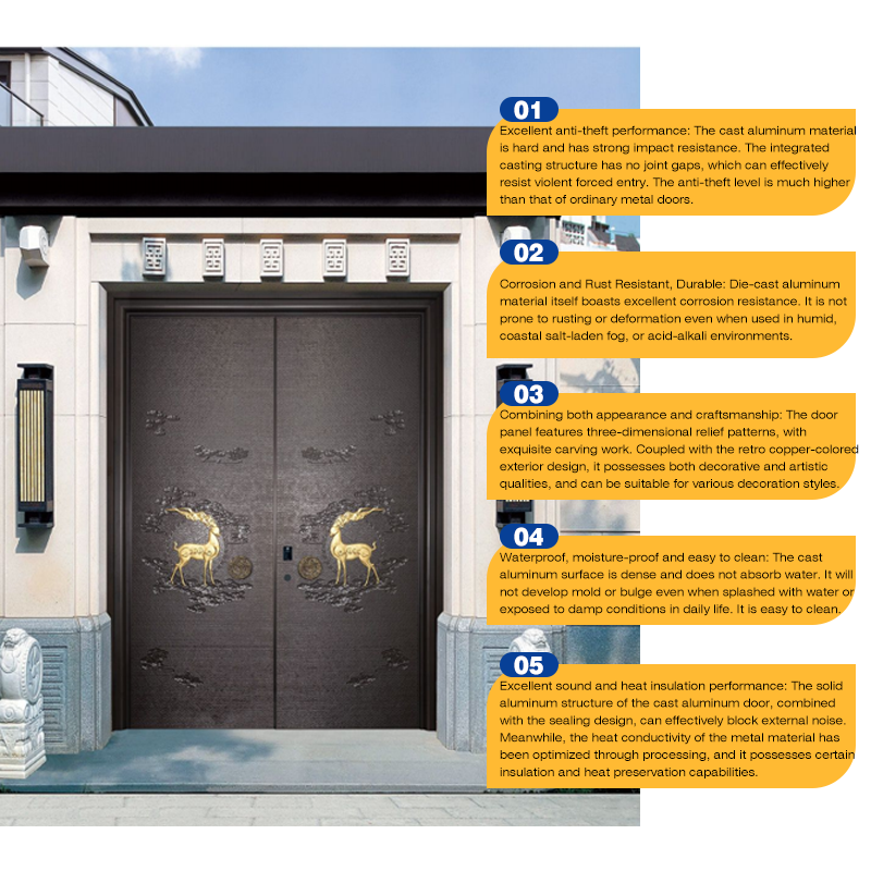 Custom Waterproof Finished Copper Paint Cast Aluminium Door Tank Design Security Front Door for Luxury House Courtyard Entry