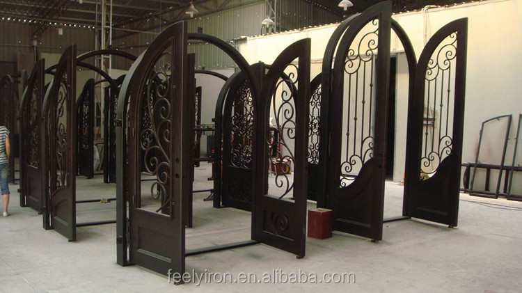 Scroll Iron 2025 Modern Entry Interior Exterior Main Front Wrought Iron Single Security Metal Glass Entrance Steel Pivot Door