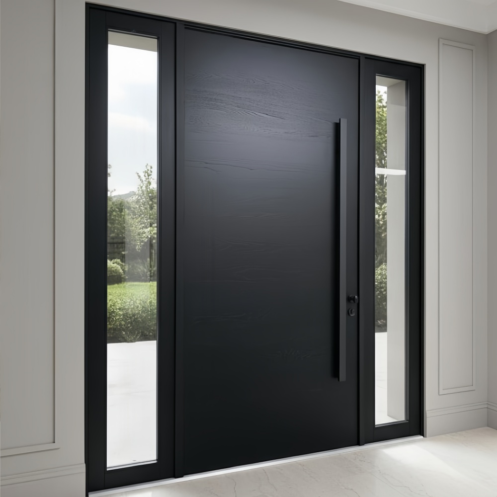 Heavy Duty Weatherproof Solid Wood Pivot Entry Door With Camera Sidelight Aluminum Glass for Professional Apartment
