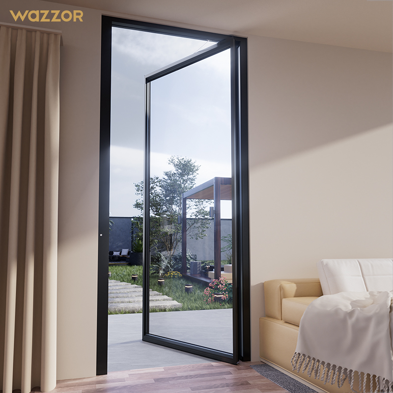 WAZZOR NFRC Certified High Load Bearing 500kg Capacity Aluminum Glass Pivot Door for Luxury Villa Entrance Lobby