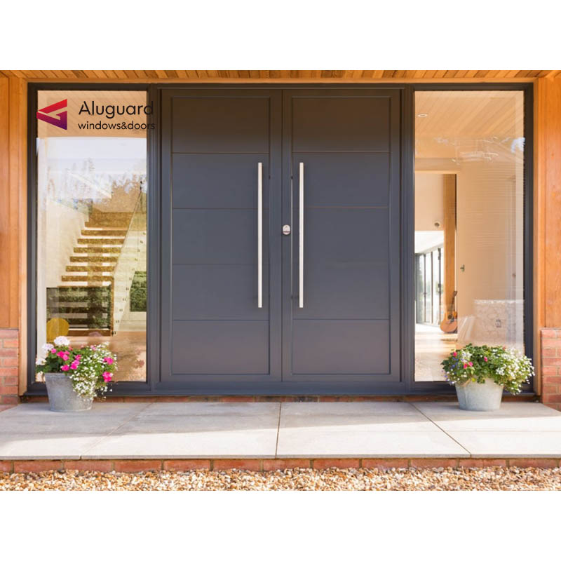 Modern Aluminum Pocket Style Front Entry Door Glass External Stone Panel Pivot Double Door for Exterior or Villa Application