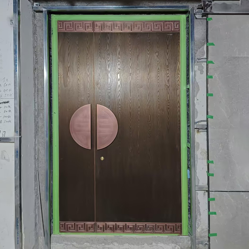 Soundproof Copper Wood Smart Double Door Hand Forged Copper Surface Custom Villa Entrance Security Door